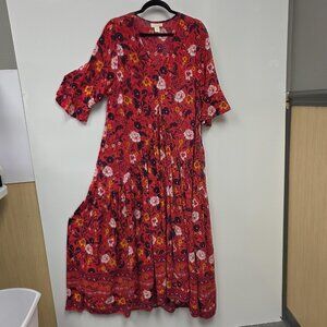 Loralette Dress Womens 16 Red Floral Boho Maxi 3/4 Bell Sleeve V Neck